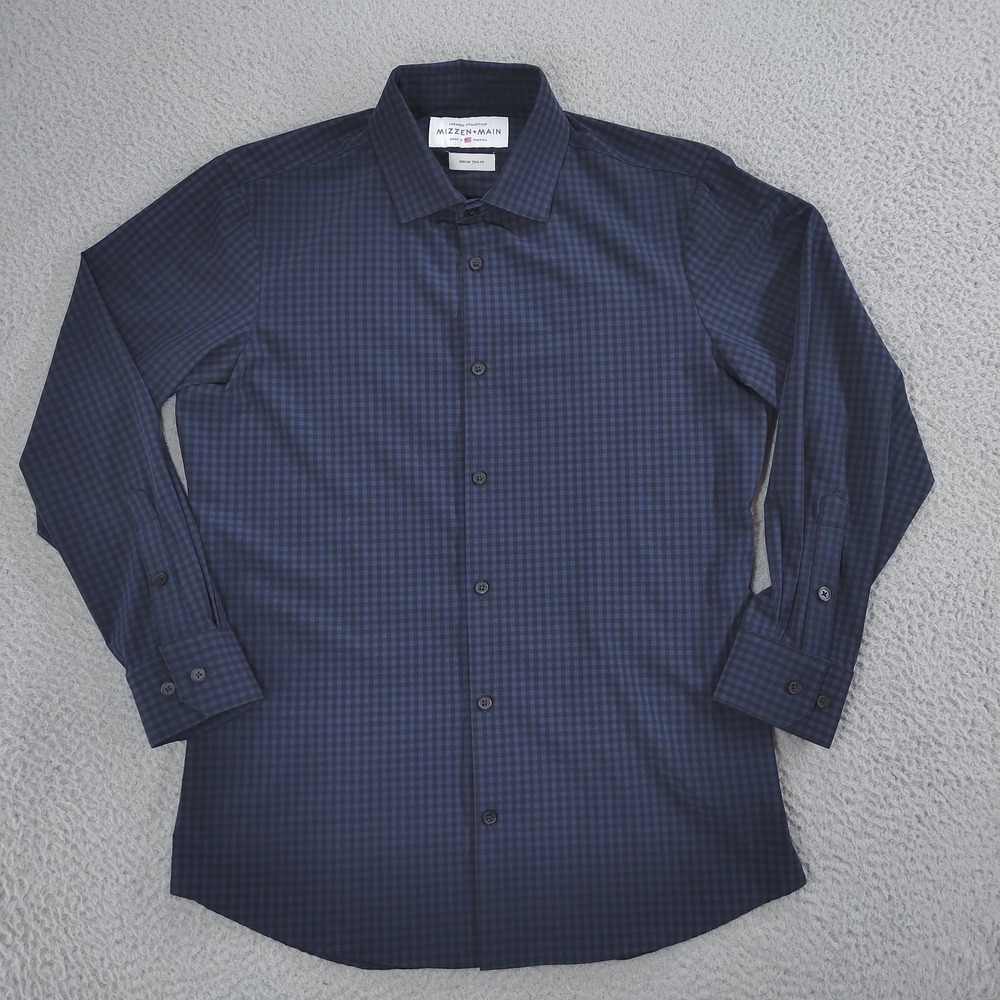 Mizzen+Main Leeward Dress Shirt Mens Medium Blue Gingham Trim Fit Stretch